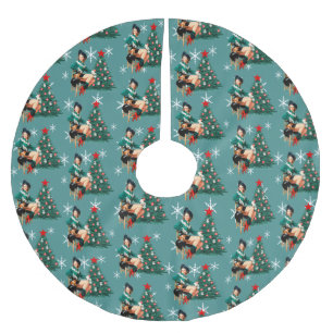Vintage Cowgirl and Christmas Tree  With Snowflake Brushed Polyester Tree Skirt