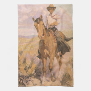 Vintage Cowgirl Cowboy, Woman on Horse by Dunton Kitchen Towel
