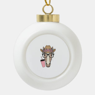 Vintage Cowgirl Horse With Flowers and Pink Drink Ceramic Ball Christmas Ornament