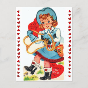 Vintage Cowgirl & Lasso 1950's Valentine Postcard