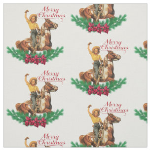 Vintage Cowgirl On Horse Merry Christmas Fabric