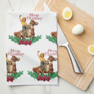 Vintage Cowgirl On Horse Merry Christmas    Kitchen Towel