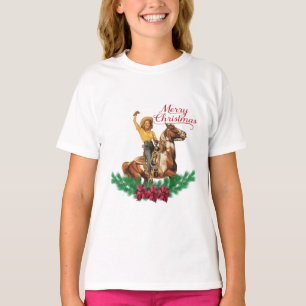 Vintage Cowgirl On Horse Waving Merry Christmas T-Shirt