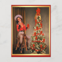 Vintage Cowgirl On Saddle With Christmas Tree Holi