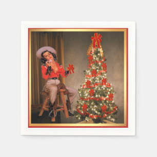 Vintage Cowgirl On Saddle With Christmas Tree Napkin