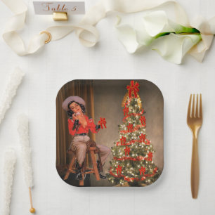 Vintage Cowgirl On Saddle With Christmas Tree Paper Plate