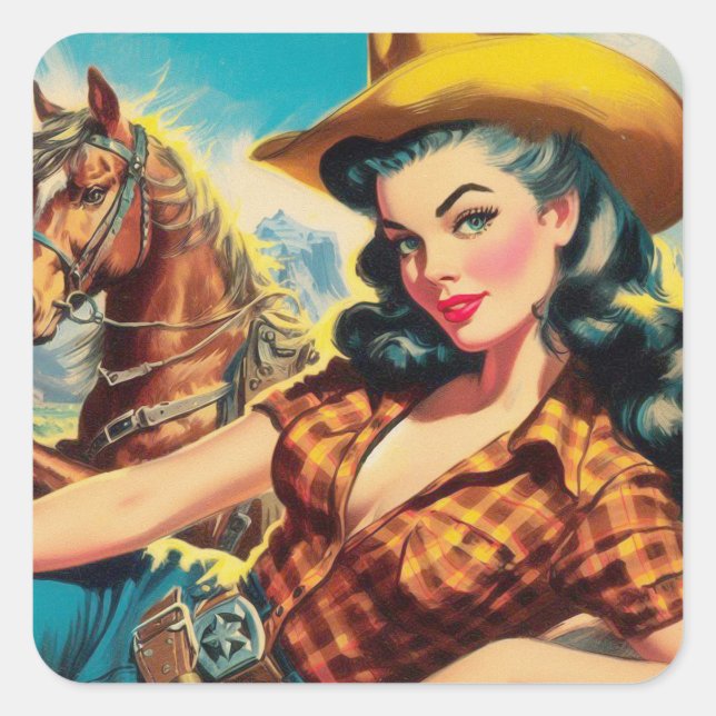 Vintage Cowgirl Painting Square Sticker (Front)