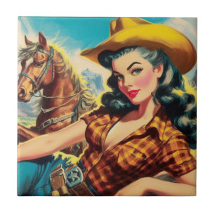 Vintage Cowgirl Painting Tile