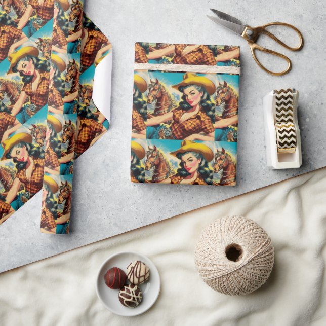 Vintage Cowgirl Painting Wrapping Paper (Crafts)