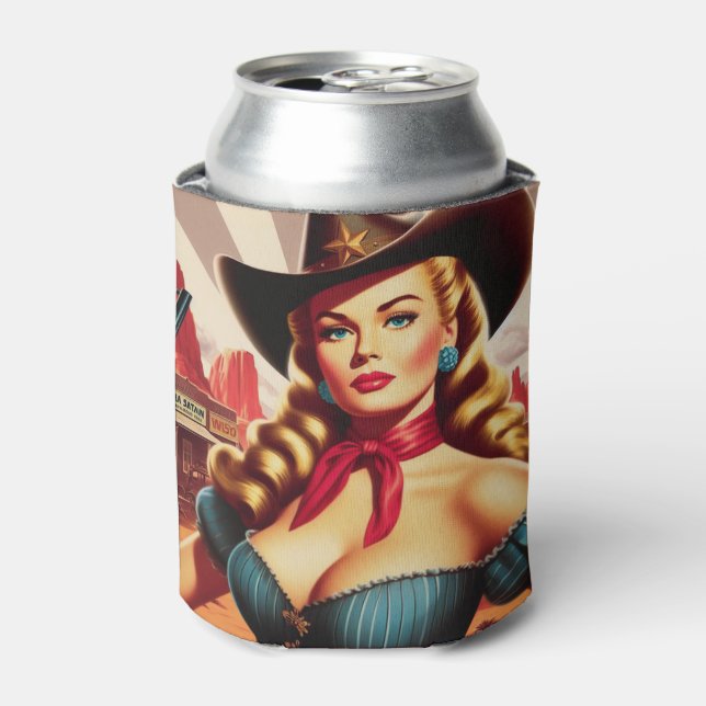 Vintage Cowgirl Pin-up Can Cooler (Can Front)