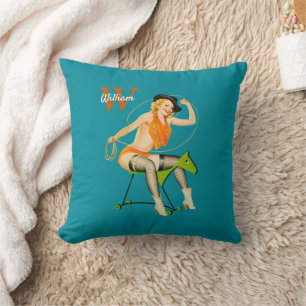 Vintage Cowgirl Pin-Up Retro Western Art with Name Throw Pillow