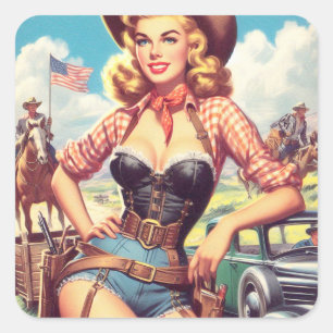 Vintage Cowgirl Pin Up Square Sticker