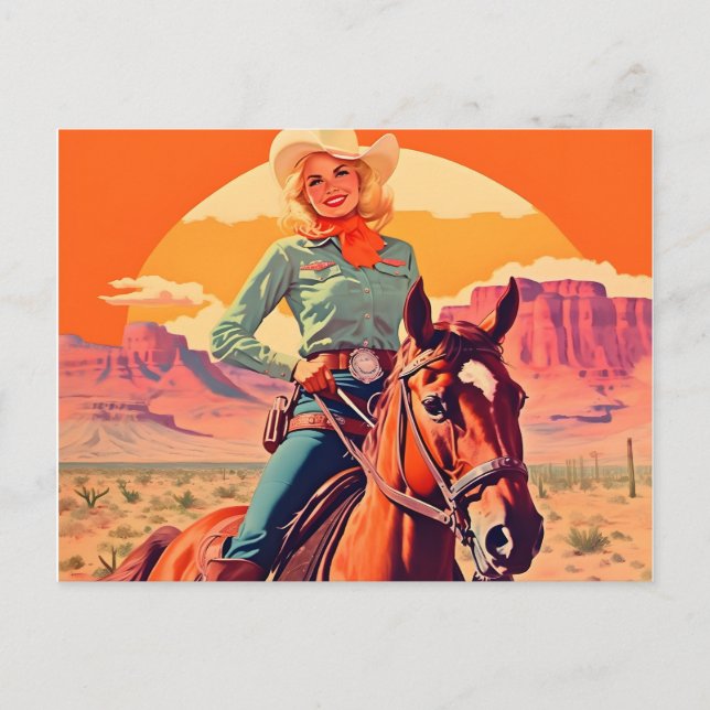 Vintage Cowgirl Riding Horse Postcard (Front)