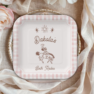Vintage Cowgirl Rodeo Pink Gingham Girl Birthday Paper Plate