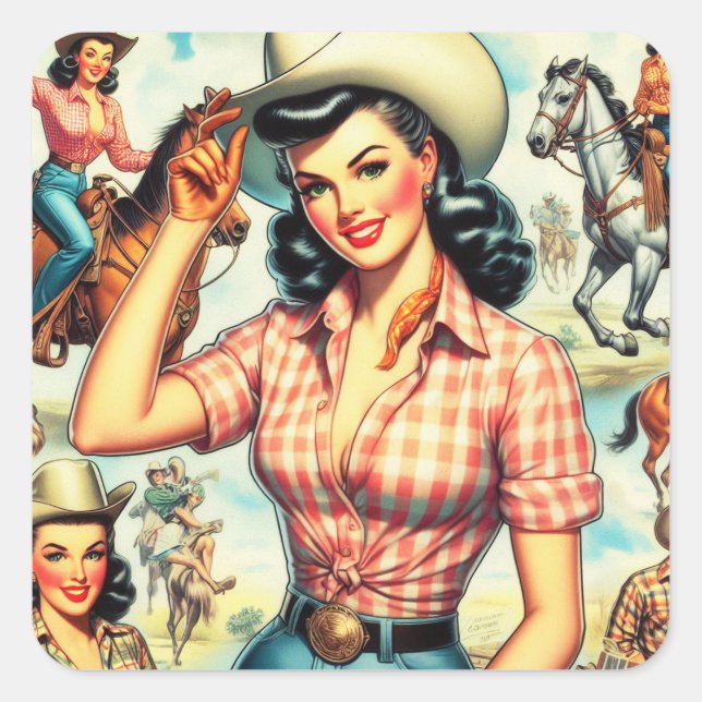 Vintage Cowgirl Seamless Illustration Square Sticker (Front)