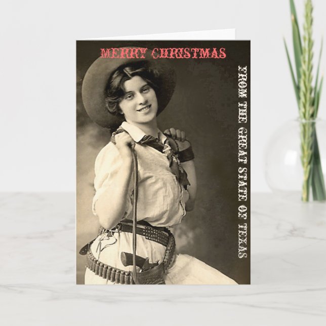 Vintage Cowgirl Texas Merry Christmas Holiday Card (Front)