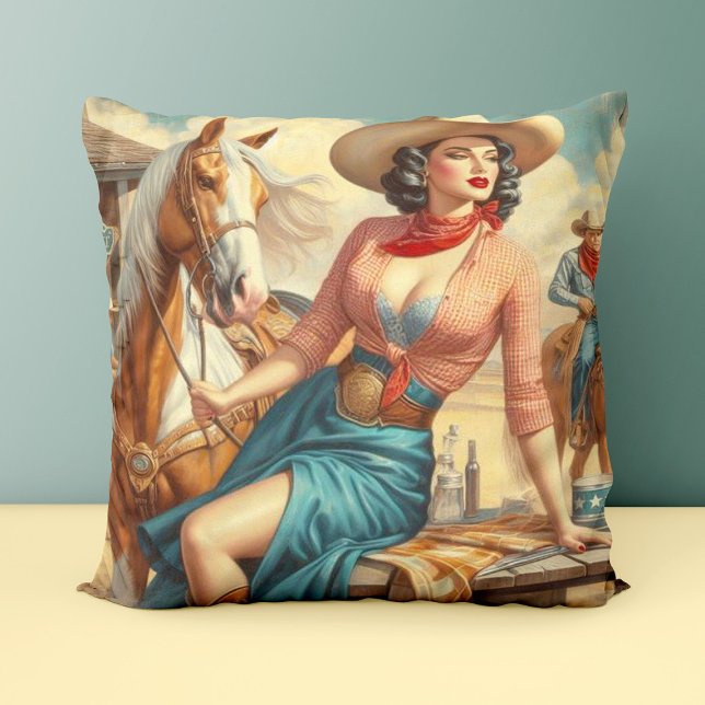 Vintage Cowgirl Throw Pillow (Creator Uploaded)