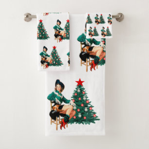 Vintage Cowgirl With Christmas Tree Bath Towel Set