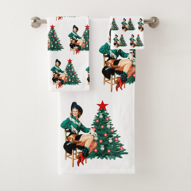 Vintage Cowgirl With Christmas Tree Bath Towel Set (Insitu)
