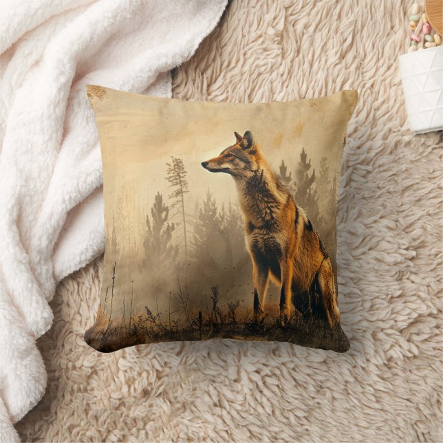 Vintage Coyote Autumn Landscape Throw Pillow (Blanket)