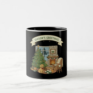 Vintage Cozy Christmas Fireplace Scene with Dog Two-Tone Coffee Mug