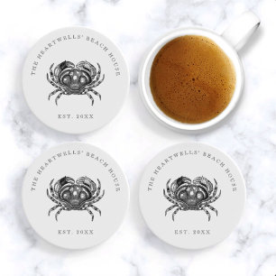 Vintage Crab Illustration Name Beach House Coaster
