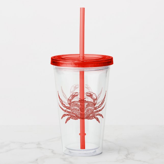 Vintage Crab Woodcut, red Acrylic Tumbler (Front)