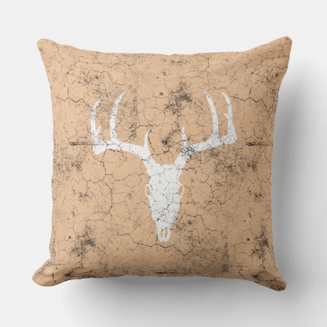 Vintage Cracked Deer Skull Throw Pillow (Front)