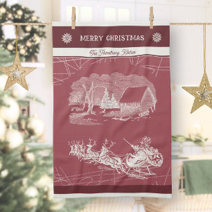 Vintage Cranberry Red Santa Sleigh Christmas Kitchen Towel