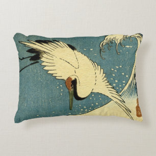 Vintage Crane and Wave Decorative Pillow