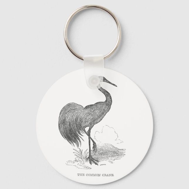 Vintage Crane Bird Pen and Ink Drawing Keychain (Front)
