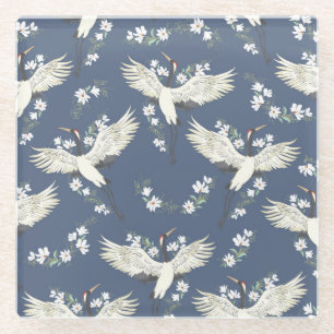 Vintage Crane: Flying Bird Pattern Glass Coaster