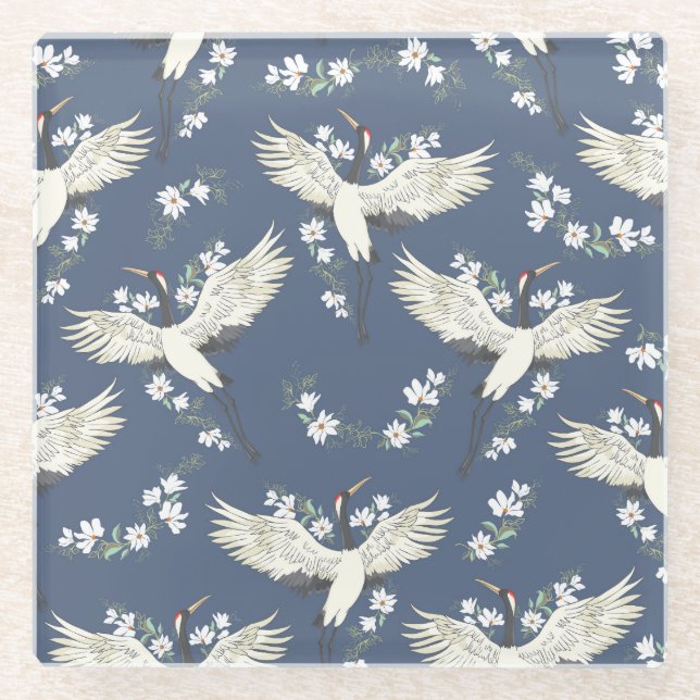 Vintage Crane: Flying Bird Pattern Glass Coaster (Front)