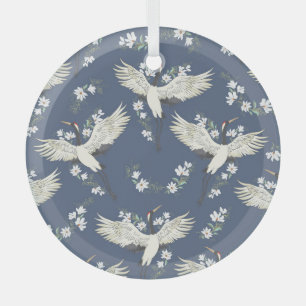 Vintage Crane: Flying Bird Pattern Glass Ornament