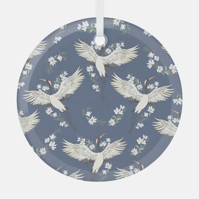 Vintage Crane: Flying Bird Pattern Glass Ornament (Front)