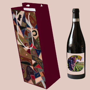 Vintage Crazy Patchwork Quilt Colourful Elegant  Wine Gift Bag