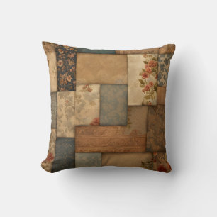 Vintage Crazy Quilt Patchwork in Brown Throw Pillow