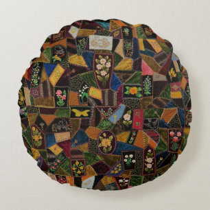 Vintage Crazy Quilt Round Pillow