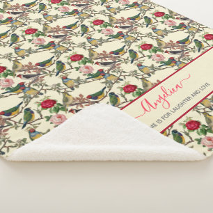 Vintage Cream And Red Victorian Floral Birds Sherpa Blanket