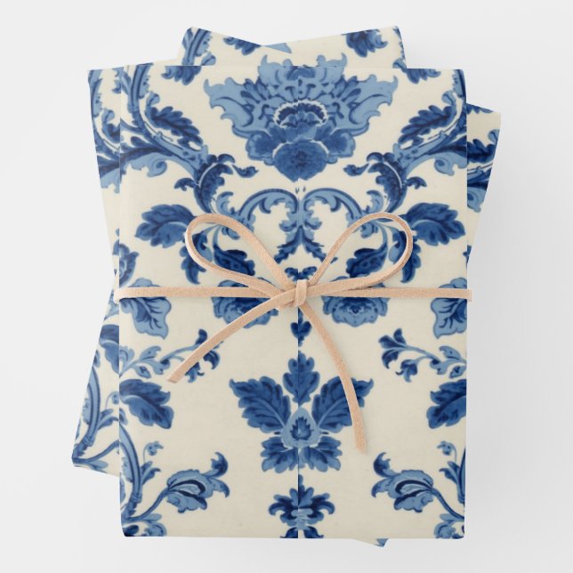 Vintage Cream Blue Damask Wrapping Paper Sheet (In situ)