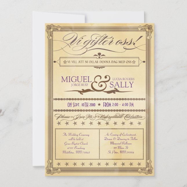 Vintage Cream & Brown Swedish Wedding Invitation (Front)