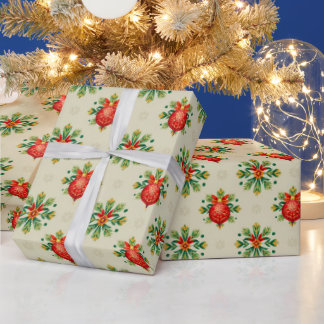 Vintage Cream Christmas Gift Wrapping Paper - Red 