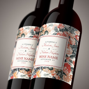 Vintage Cream Cottagecore Floral Wedding Wine Label