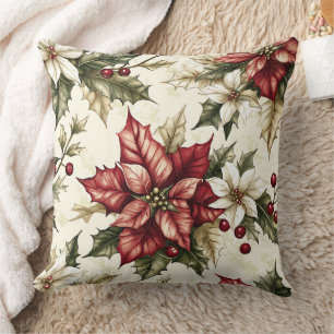 Vintage Cream Crimson Poinsettia Holly Christmas Throw Pillow