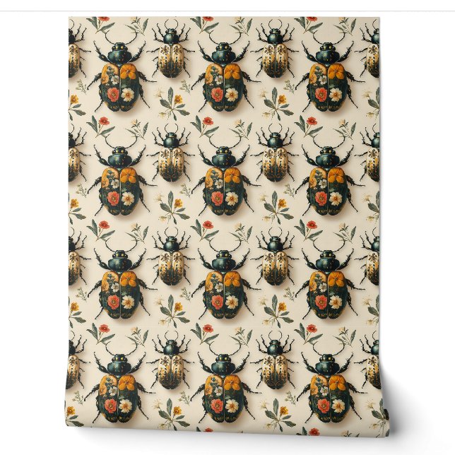 Vintage Cream Floral Beetle Decoupage Upcycling Wallpaper (Unrolling)