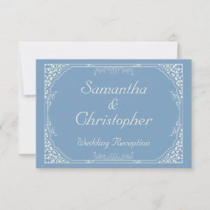 Vintage Cream Floral Frame on Blue Reception Card
