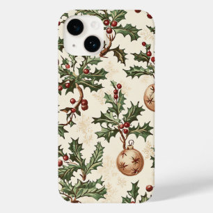 Vintage Cream Holly Berry Gold Bauble Christmas Case-Mate iPhone 14 Case