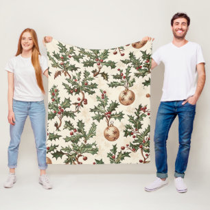 Vintage Cream Holly Berry Gold Bauble Christmas Fleece Blanket