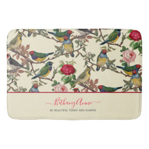 Vintage Cream Red Victorian Floral Birds Bath Mat