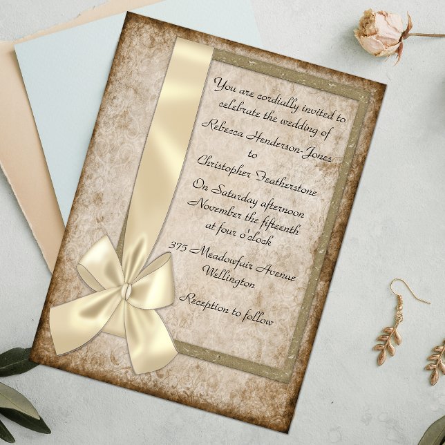 Vintage Cream Ribbon and Brown Wedding Invitations (Creator Uploaded)